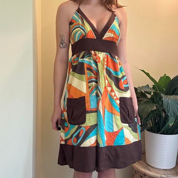 Vintage mod vibrant eyeshadow halter neck dress with pockets size 9 - Picture 1 of 6